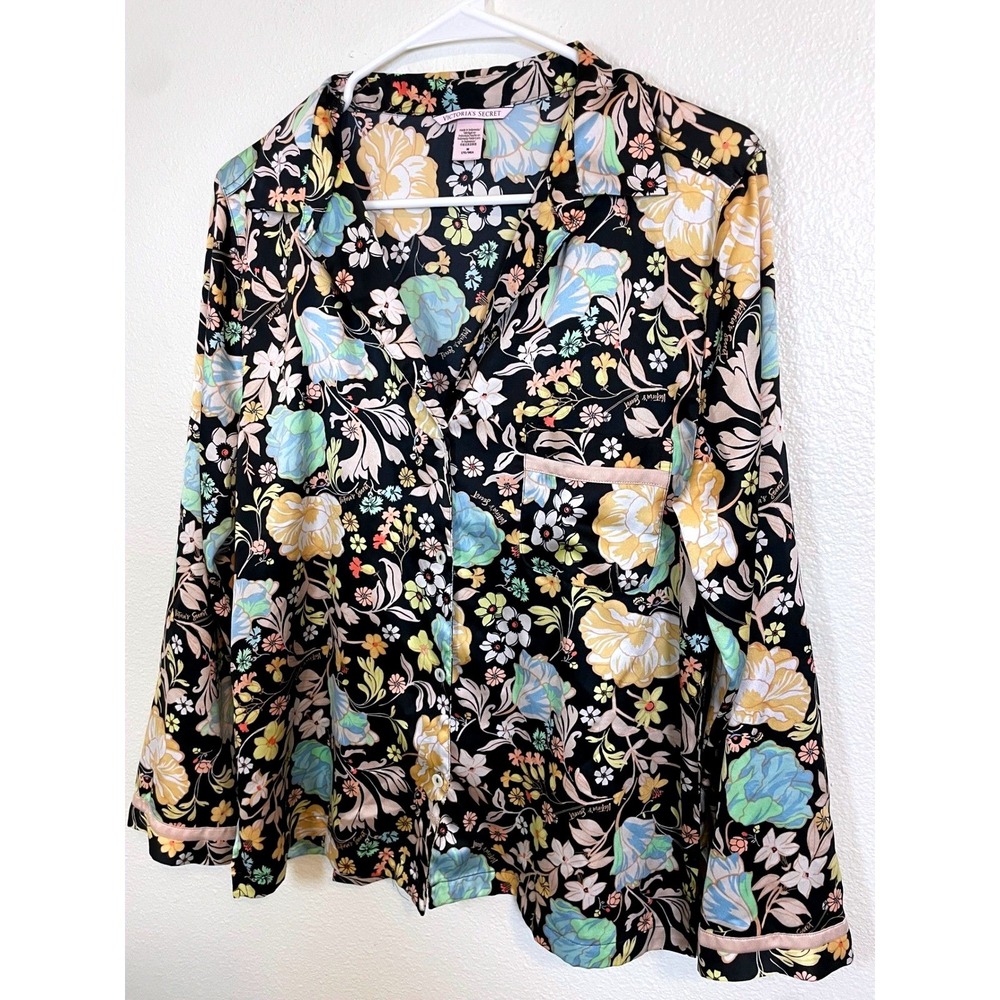 Victoria's Secret Pajama Top Womens Medium Black Floral‎ Satin Sleep Button Up